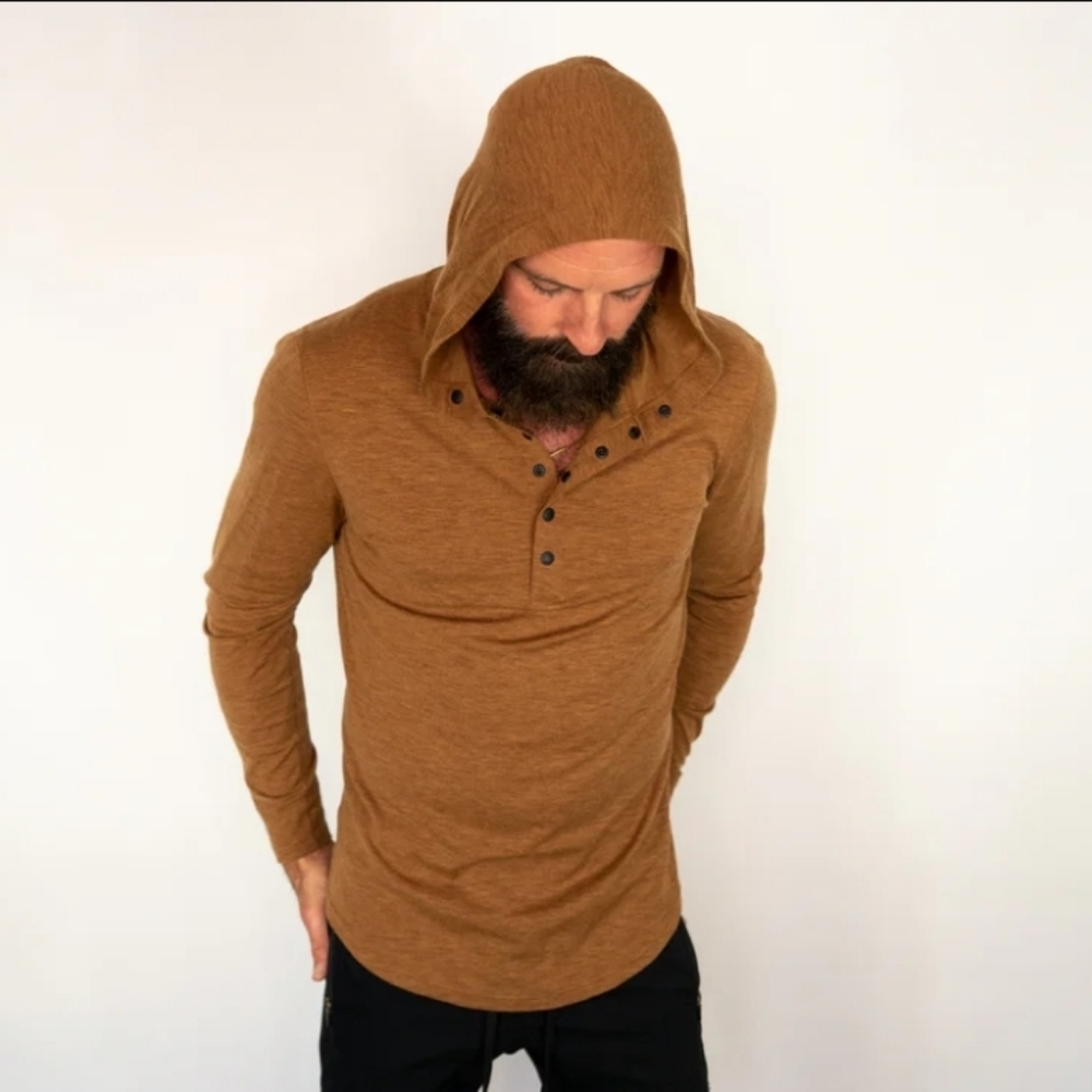 Walter Sky Top Large Brown Henley Sun Hoodie Pullover Base Layer WS-MH02 Merino